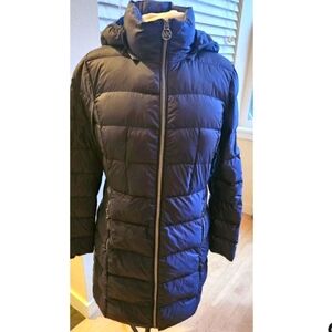 Michael Kors Lightweight Packable Down Fill Hooded Long Puffer Jacket Blue Sz M